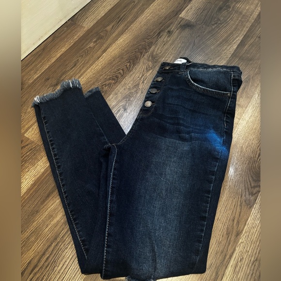 Amaryllis High Rise Dark Blue Jeans button fly distressed basic neutral denim - Picture 1 of 12